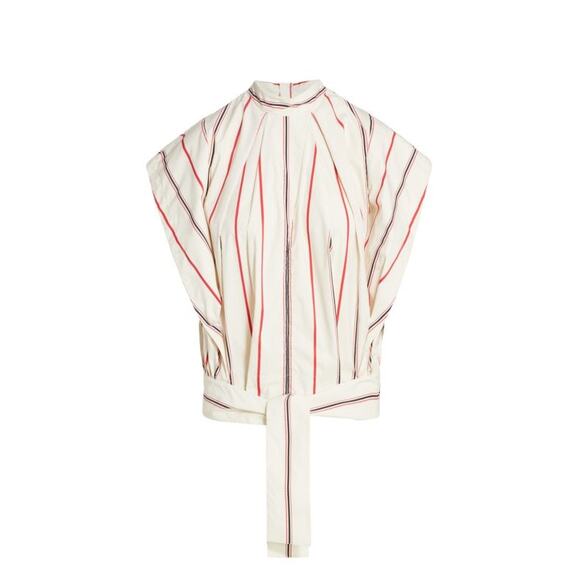 3.1 PHILLIP LIM | Ivory Red Striped Stand Collar Cap Sleeve Tie Hem Designer Top - Picture 3 of 15